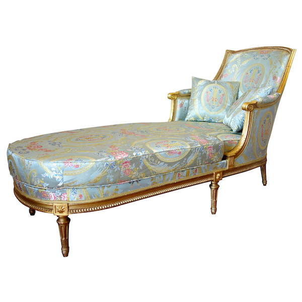 Louis XVI style long chair, gold leaf gilt wood, Tassinari & Chatel silk