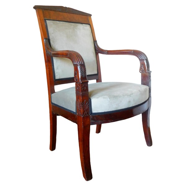 Empire desk armchair, finely sculpted mahogany, grey velvet, early 19th century