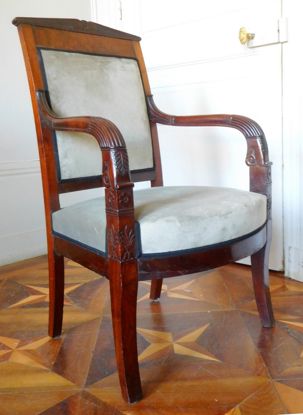 Empire desk armchair, finely sculpted mahogany, grey velvet, early 19th century