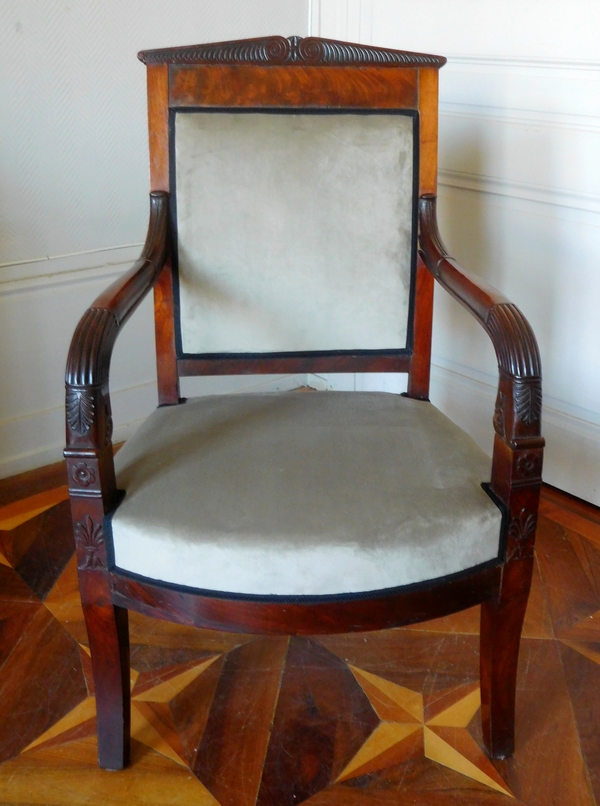 Empire desk armchair, finely sculpted mahogany, grey velvet, early 19th century