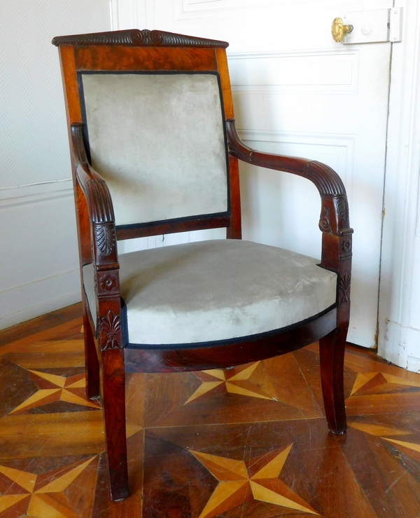 Empire desk armchair, finely sculpted mahogany, grey velvet, early 19th century