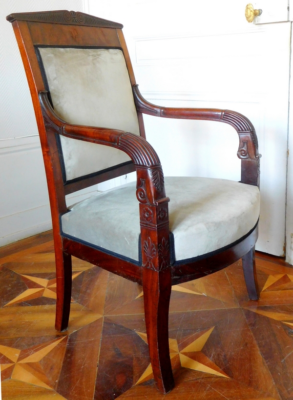 Empire desk armchair, finely sculpted mahogany, grey velvet, early 19th century