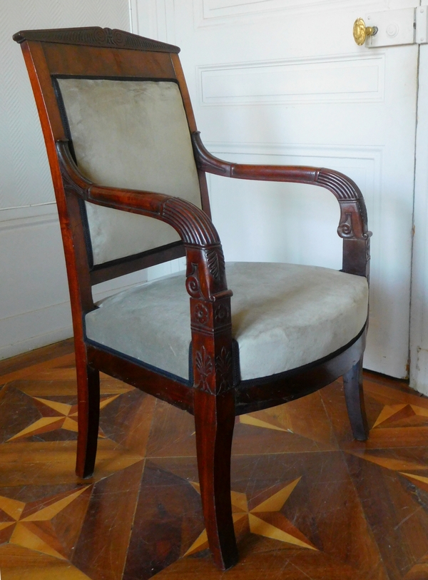 Empire desk armchair, finely sculpted mahogany, grey velvet, early 19th century