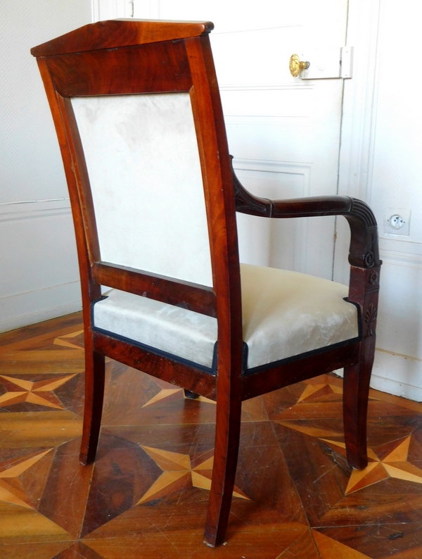 Empire desk armchair, finely sculpted mahogany, grey velvet, early 19th century