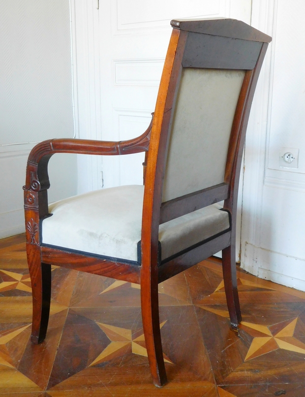 Empire desk armchair, finely sculpted mahogany, grey velvet, early 19th century