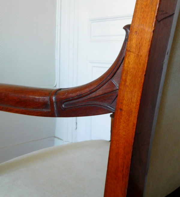 Empire desk armchair, finely sculpted mahogany, grey velvet, early 19th century