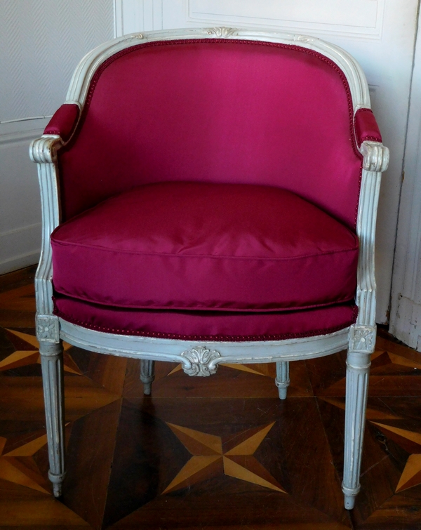 Louis XVI lacquered wood working desk armchair, purple silk