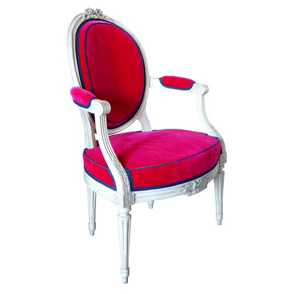 Jean-Baptiste Boulard : fauteuil cabriolet d'époque Louis XVI, velours de soie - estampillé