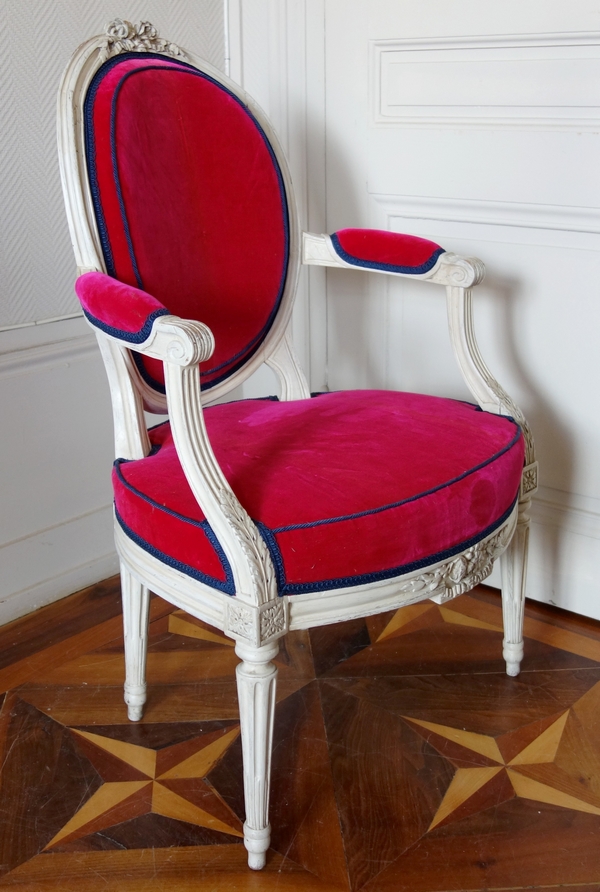 Jean-Baptiste Boulard : fauteuil cabriolet d'époque Louis XVI, velours de soie - estampillé