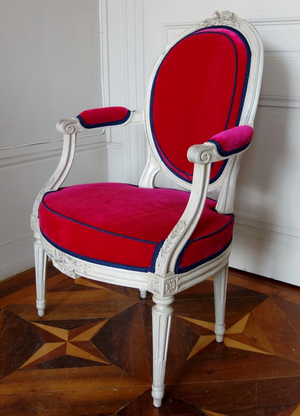 Jean-Baptiste Boulard : fauteuil cabriolet d'époque Louis XVI, velours de soie - estampillé