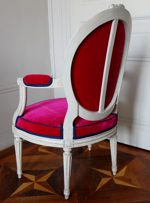 Jean-Baptiste Boulard : fauteuil cabriolet d'époque Louis XVI, velours de soie - estampillé