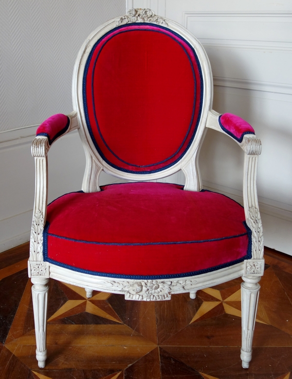 Jean-Baptiste Boulard : fauteuil cabriolet d'époque Louis XVI, velours de soie - estampillé