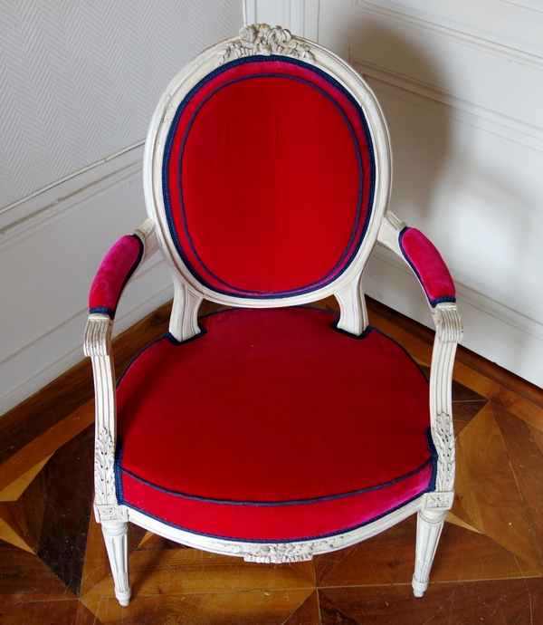 Jean-Baptiste Boulard : fauteuil cabriolet d'époque Louis XVI, velours de soie - estampillé