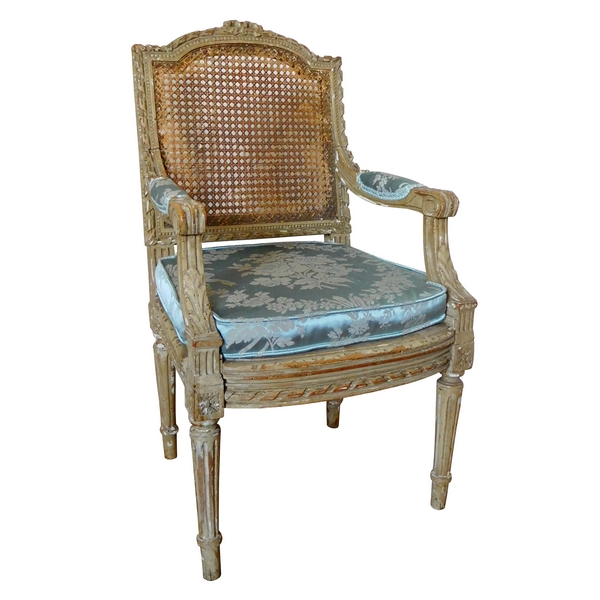 Caned Louis XVI style armchair for a child, silk cushion, 19th century