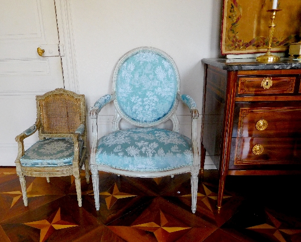 Caned Louis XVI style armchair for a child, silk cushion, 19th century