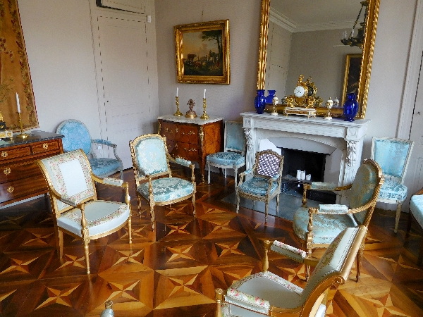 Caned Louis XVI style armchair for a child, silk cushion, 19th century