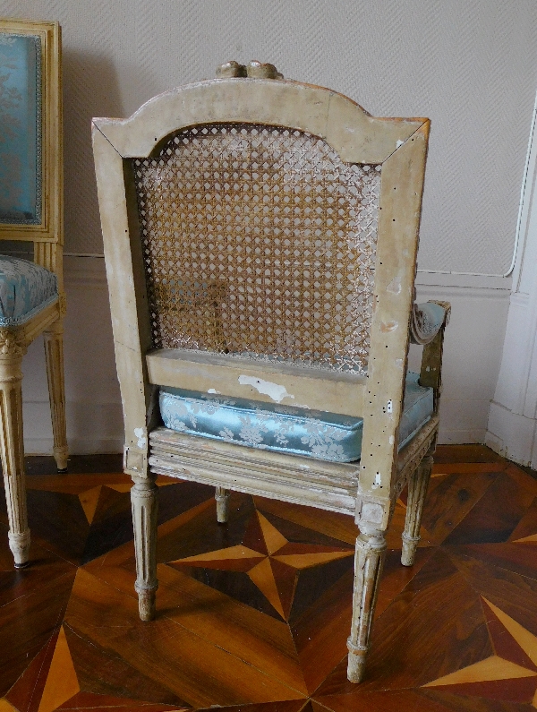 Caned Louis XVI style armchair for a child, silk cushion, 19th century