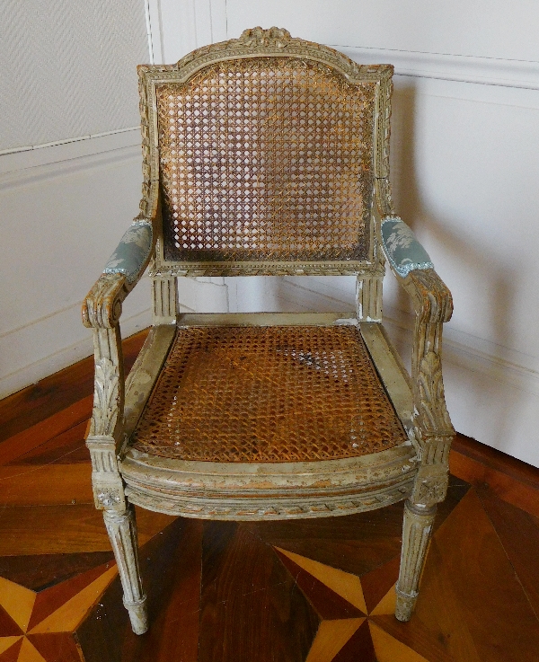 Caned Louis XVI style armchair for a child, silk cushion, 19th century