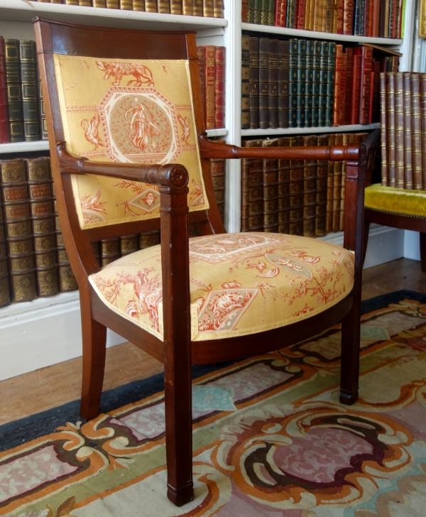 Fauteuil de bureau d'époque Consulat Empire en acajou - toile Imprimée