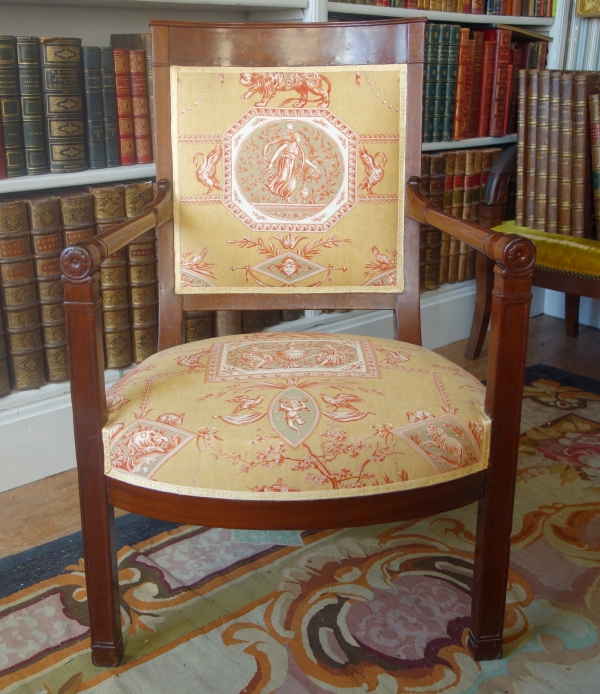 Fauteuil de bureau d'époque Consulat Empire en acajou - toile Imprimée