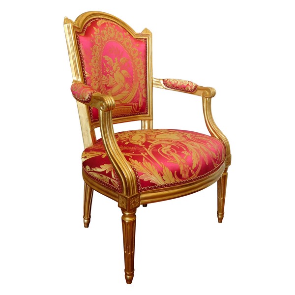 LN Mariette : fauteuil cabriolet d'apparat d'époque Louis XVI, bois doré et soie - estampillé