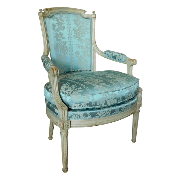 Fauteuil cabriolet d'époque Louis XVI, garniture à carreau