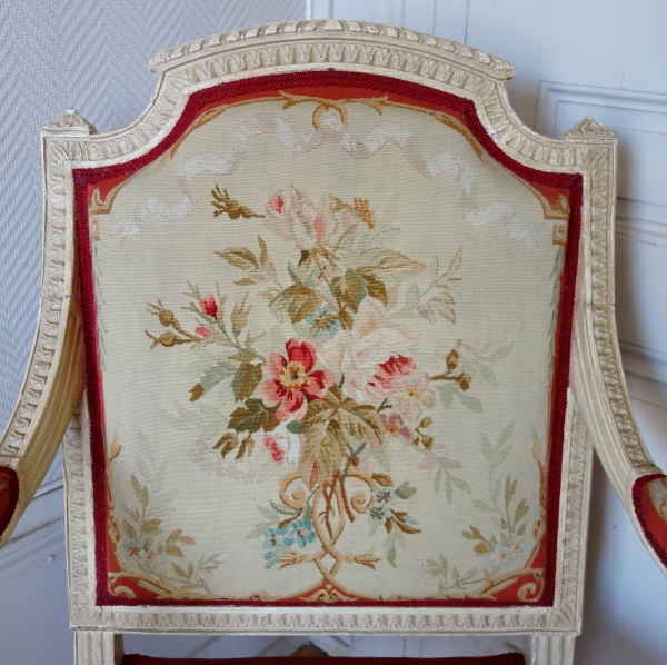 Claude Sené : fauteuil à la Reine d'époque Louis XVI estampillé, tapisserie de Beauvais & numéro d'inventaire