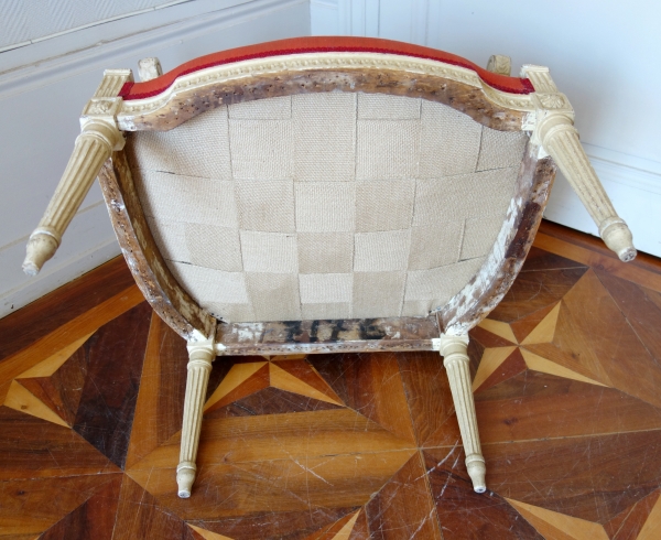 Claude Sené : fauteuil à la Reine d'époque Louis XVI estampillé, tapisserie de Beauvais & numéro d'inventaire