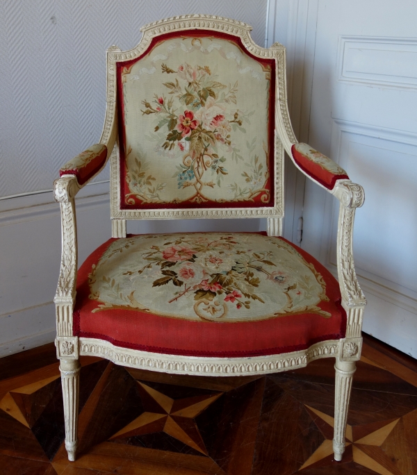 Claude Sené : fauteuil à la Reine d'époque Louis XVI estampillé, tapisserie de Beauvais & numéro d'inventaire