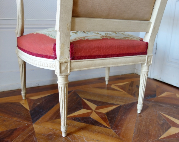 Claude Sené : fauteuil à la Reine d'époque Louis XVI estampillé, tapisserie de Beauvais & numéro d'inventaire