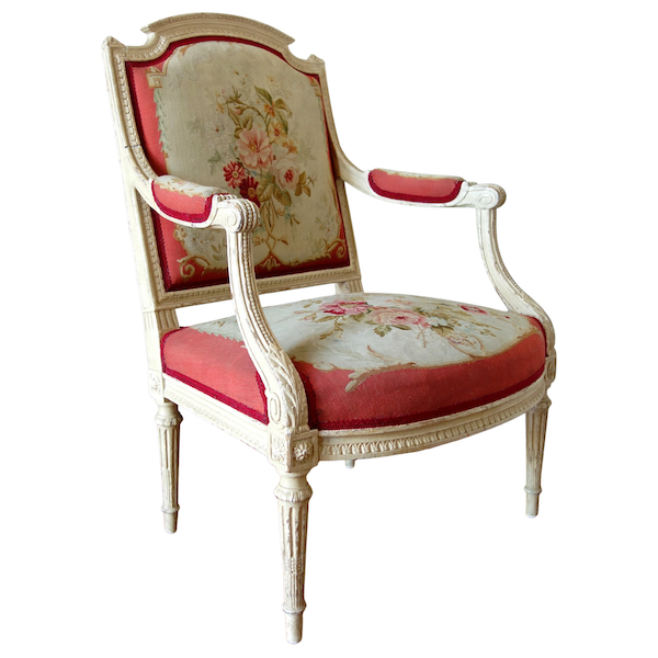 Fauteuil à la Reine d'époque Louis XVI, tapisserie de Beauvais & numéro d'inventaire