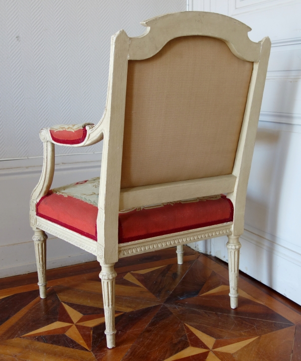 Fauteuil à la Reine d'époque Louis XVI, tapisserie de Beauvais & numéro d'inventaire