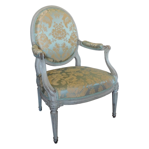 Fauteuil à la Reine d'époque Transition Louis XV - Louis XVI recouvert d'une soie ancienne neuve