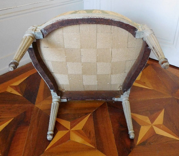 Fauteuil à la Reine d'époque Transition Louis XV - Louis XVI recouvert d'une soie ancienne neuve