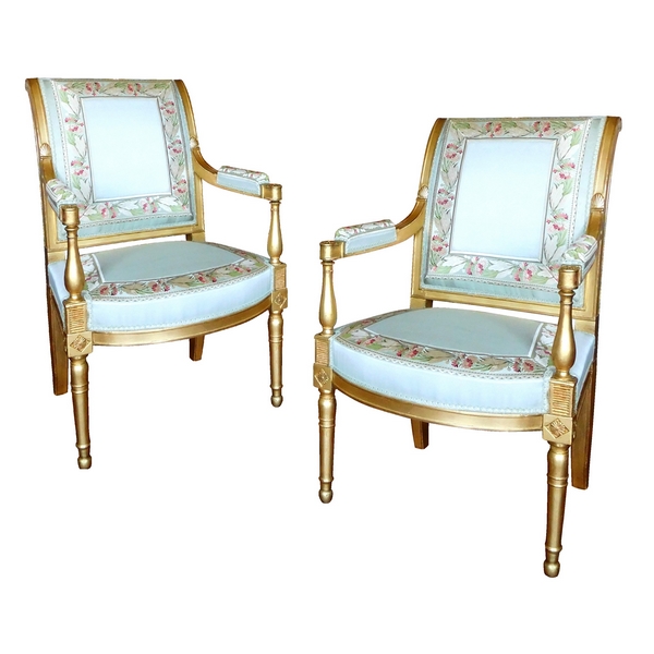 Paire de fauteuils d'apparat en bois doré d'époque Directoire, soie du Palais de l'Elysée