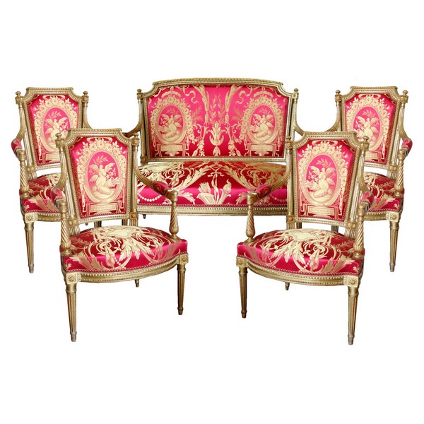 Mobilier de salon Louis XVI en bois doré, damas de soie rouge et or - 4 fauteuils et 1 canapé