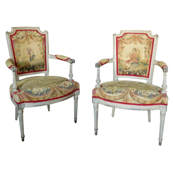 Paire de fauteuils cabriolets d'époque Louis XVI, tapisserie d'Aubusson XVIIIe (doublée)