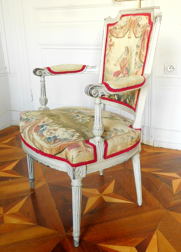 Paire de fauteuils cabriolets d'époque Louis XVI, tapisserie d'Aubusson XVIIIe (doublée)