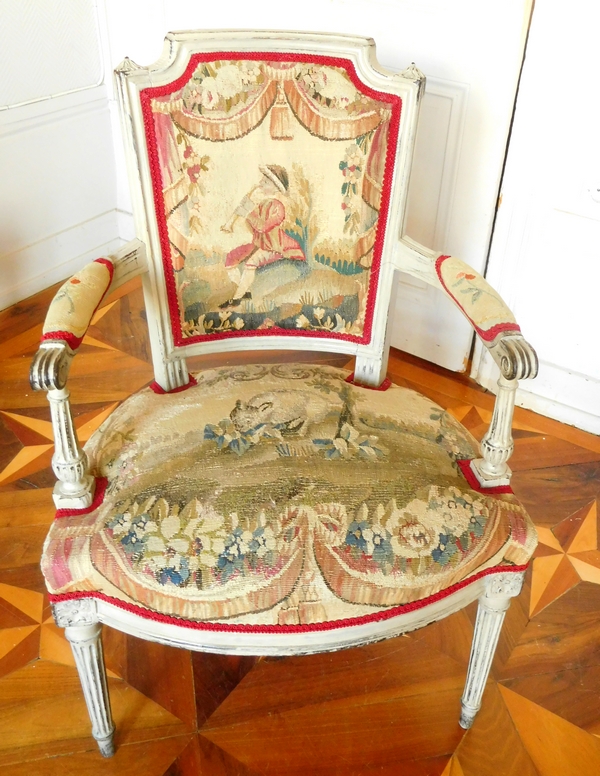 Paire de fauteuils cabriolets d'époque Louis XVI, tapisserie d'Aubusson XVIIIe (doublée)