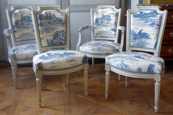 Paire de fauteuils cabriolets Louis XVI - toile de Jouy Guéthary - Guetaria