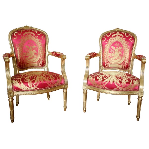 Pair of Louis XVI gilt wood & silk armchairs - La Rochefoucauld family at Château de Verteuil