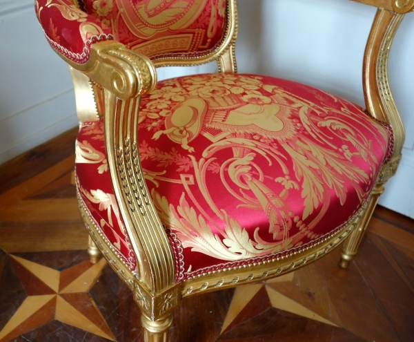 Pair of Louis XVI gilt wood & silk armchairs - La Rochefoucauld family at Château de Verteuil