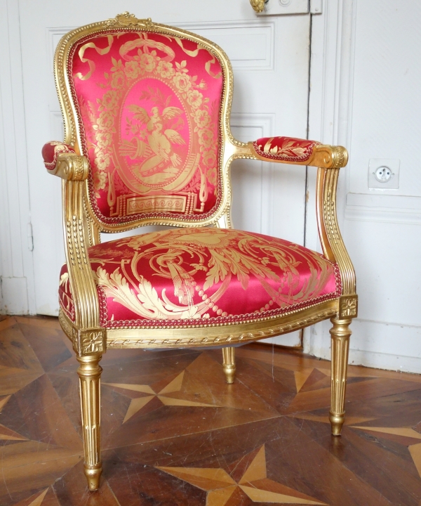 Pair of Louis XVI gilt wood & silk armchairs - La Rochefoucauld family at Château de Verteuil