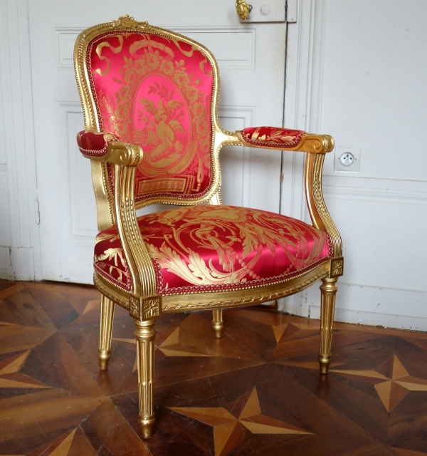 Pair of Louis XVI gilt wood & silk armchairs - La Rochefoucauld family at Château de Verteuil