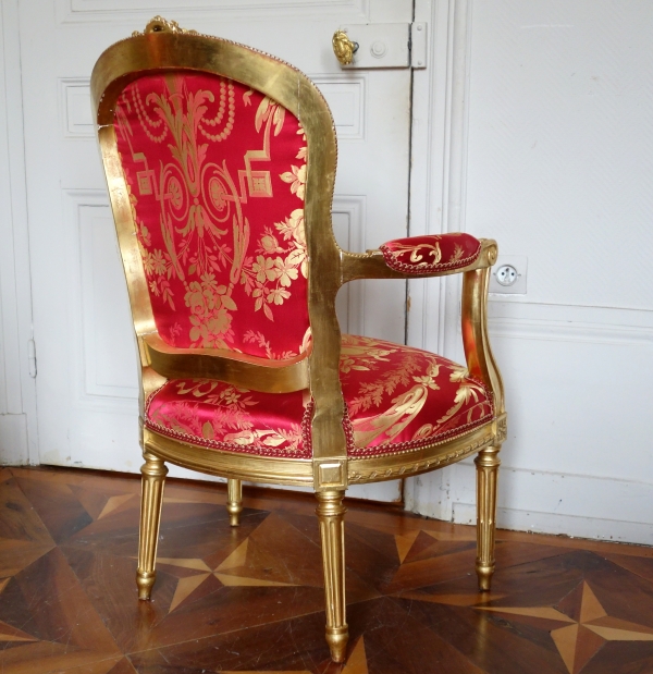 Pair of Louis XVI gilt wood & silk armchairs - La Rochefoucauld family at Château de Verteuil