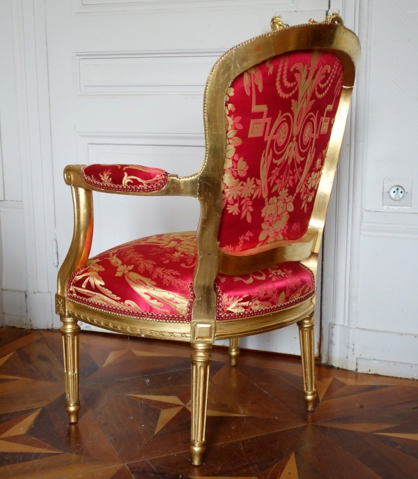 Pair of Louis XVI gilt wood & silk armchairs - La Rochefoucauld family at Château de Verteuil