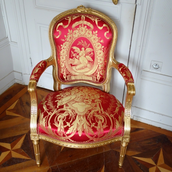 Pair of Louis XVI gilt wood & silk armchairs - La Rochefoucauld family at Château de Verteuil