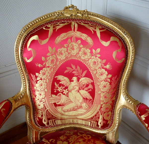 Pair of Louis XVI gilt wood & silk armchairs - La Rochefoucauld family at Château de Verteuil