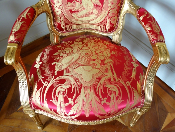 Pair of Louis XVI gilt wood & silk armchairs - La Rochefoucauld family at Château de Verteuil