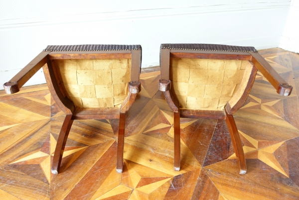 Pair of Empire mahogany chairs, shield-shaped backrest after Marcion's pattern